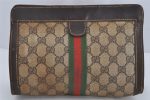 Authentic GUCCI Web Sherry Line Clutch Hand Bag GG PVC Leather Brown Junk 0488K Online Sale