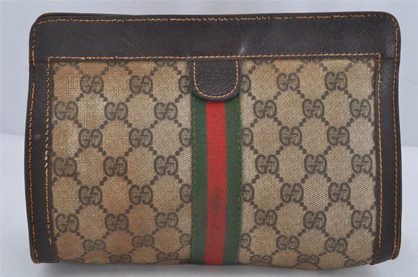 Authentic GUCCI Web Sherry Line Clutch Hand Bag GG PVC Leather Brown Junk 0488K Online Sale