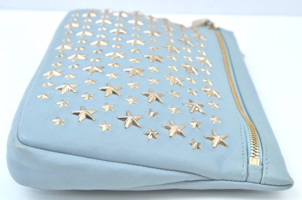 Authentic JIMMY CHOO Star Studs Leather Clutch Bag Purse LightBlue K9652 For Cheap