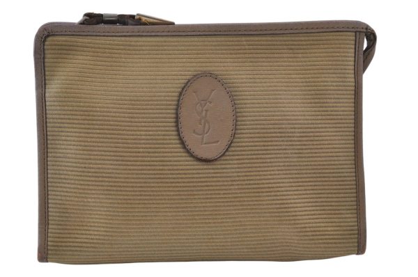 Authentic YVES SAINT LAURENT Clutch Hand Bag Purse PVC Leather Beige 1148K on Sale