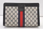 Authentic GUCCI Sherry Line Clutch Hand Bag GG PVC Leather Navy Blue Junk 0815K Supply