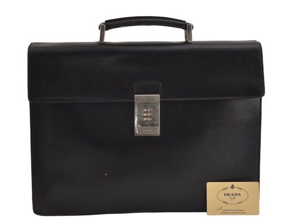 Authentic PRADA Saffiano Leather Nappa Briefcase Business Bag V215 Black 4638J For Sale