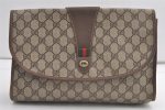 Authentic GUCCI Web Sherry Line Clutch Hand Bag Purse GG PVC Leather Brown 9104J Cheap