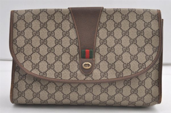 Authentic GUCCI Web Sherry Line Clutch Hand Bag Purse GG PVC Leather Brown 9104J Cheap