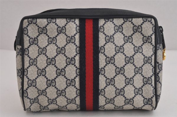 Authentic GUCCI Sherry Line Clutch Hand Bag Purse GG PVC Leather Navy Blue 6311J Supply