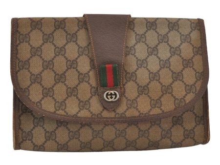 Authentic GUCCI Web Sherry Line Clutch Hand Bag GG PVC Leather Brown Junk 6848J For Cheap