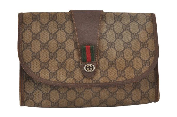 Authentic GUCCI Web Sherry Line Clutch Hand Bag GG PVC Leather Brown Junk 6848J For Cheap