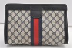 Authentic GUCCI Sherry Line Clutch Hand Bag GG PVC Leather Navy Blue Junk 9147J For Cheap