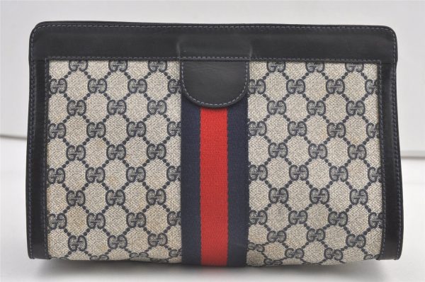 Authentic GUCCI Sherry Line Clutch Hand Bag GG PVC Leather Navy Blue Junk 9147J For Cheap