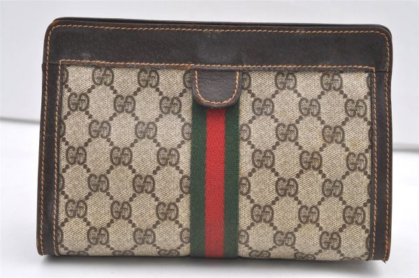 Authentic GUCCI Web Sherry Line Clutch Hand Bag GG PVC Leather Brown Junk 0603K For Cheap