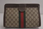 Authentic GUCCI Web Sherry Line Clutch Hand Bag Purse GG PVC Leather Brown 7922J Online Hot Sale