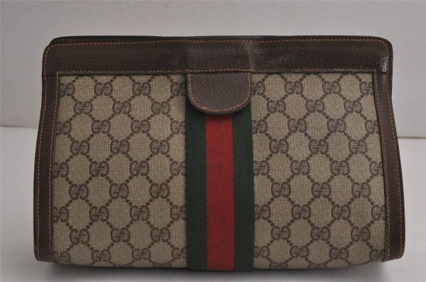 Authentic GUCCI Web Sherry Line Clutch Hand Bag Purse GG PVC Leather Brown 7922J Online Hot Sale