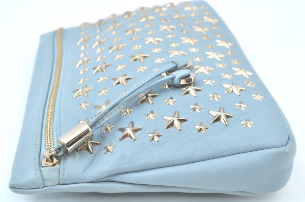 Authentic JIMMY CHOO Star Studs Leather Clutch Bag Purse LightBlue K9652 For Cheap