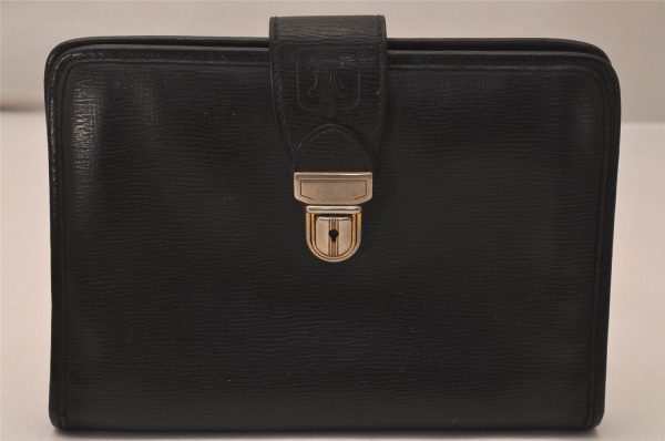 Authentic CELINE Vintage Clutch Hand Bag Purse Leather Black 8465J Sale