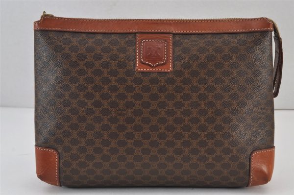 Authentic CELINE Macadam Blason Pattern Clutch Bag PVC Leather Brown Junk 8202J Fashion