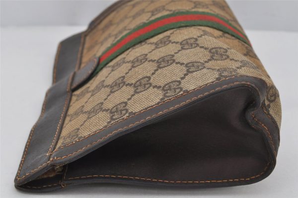 Authentic GUCCI Web Sherry Line Clutch Hand Bag GG PVC Leather Brown Junk 0488K Online Sale