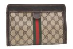 Authentic GUCCI Web Sherry Line Clutch Hand Bag GG PVC Leather Brown Junk 0603K For Cheap