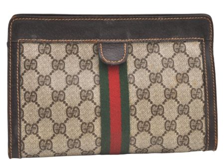 Authentic GUCCI Web Sherry Line Clutch Hand Bag GG PVC Leather Brown Junk 0603K For Cheap