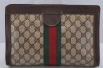 Authentic GUCCI Web Sherry Line Clutch Hand Bag Purse GG PVC Leather Brown 0506K Online now