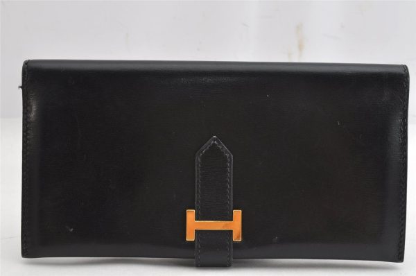 Authentic HERMES Bearn Classic Leather Long Wallet Purse Black Box 0753K Cheap