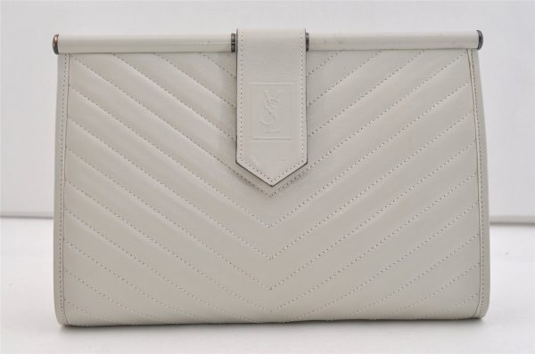 Authentic YVES SAINT LAURENT Vintage Clutch Hand Bag Purse Leather White 6148J Online now