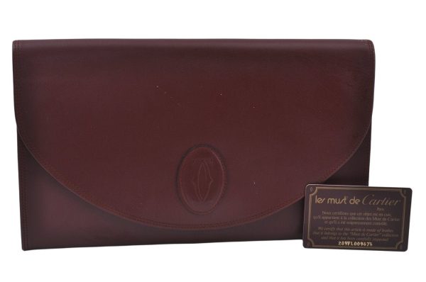 Authentic Cartier Must de Cartier Clutch Bag Leather Bordeaux Red K9780 For Discount