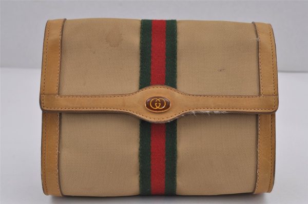 Authentic GUCCI Web Sherry Line Clutch Hand Bag Purse Canvas Leather Beige 9374J Cheap