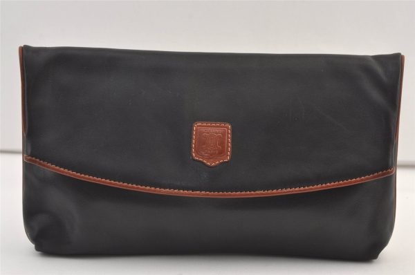 Authentic CELINE Vintage Clutch Hand Bag Purse Leather Black 9215J on Sale