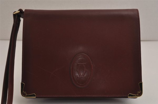 Authentic Cartier Must de Cartier Clutch Bag Leather Bordeaux Red Box 0199K Online Hot Sale