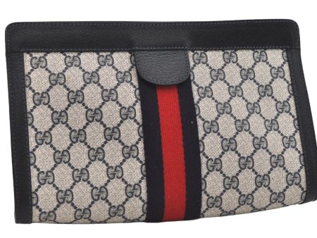 Authentic GUCCI Sherry Line Clutch Hand Bag Purse GG PVC Leather Navy Blue 5736J For Discount