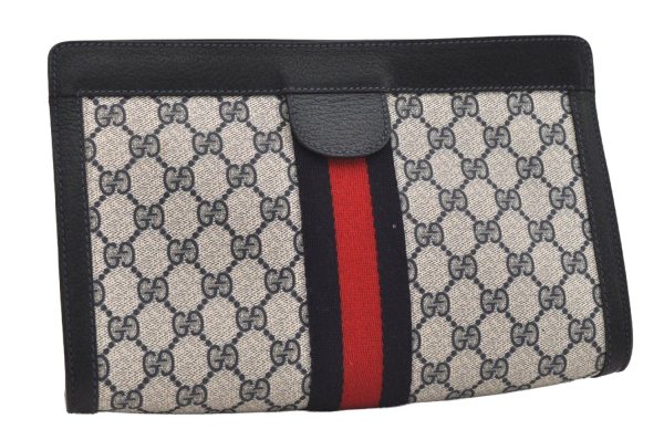 Authentic GUCCI Sherry Line Clutch Hand Bag Purse GG PVC Leather Navy Blue 5736J For Discount