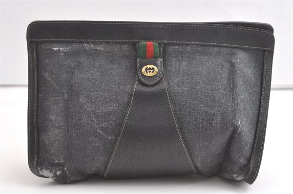 Authentic GUCCI Web Sherry Line Clutch Hand Bag PVC Leather Black Junk 8176J For Sale