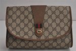 Authentic GUCCI Web Sherry Line Clutch Hand Bag Purse GG PVC Leather Brown 7977J For Cheap