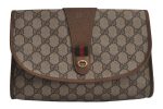 Authentic GUCCI Web Sherry Line Clutch Hand Bag Purse GG PVC Leather Brown 7977J For Cheap