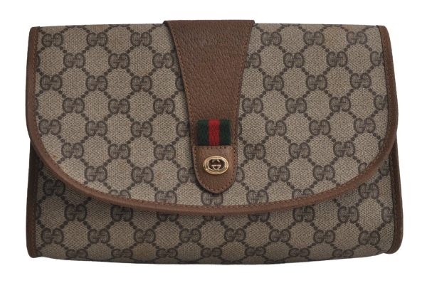 Authentic GUCCI Web Sherry Line Clutch Hand Bag Purse GG PVC Leather Brown 7977J For Cheap